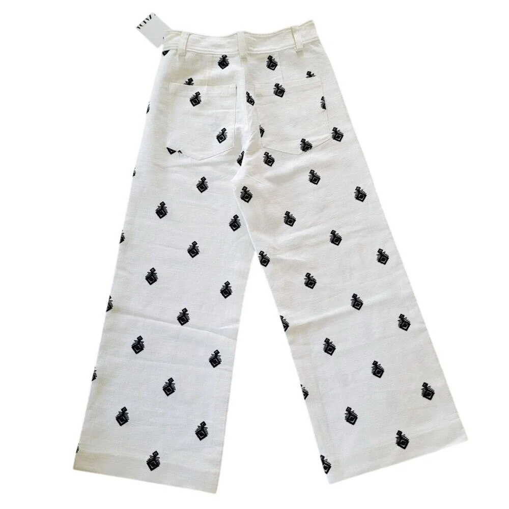 Zara Women's XS Embroidered Linen Wide Leg Pants Eggshell White Black NWT